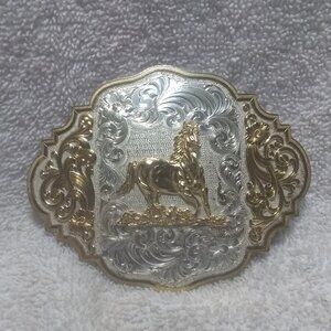 Montana Silversmiths Gold Dancing Horse Buckle Custom Silver Engraved Great !!!